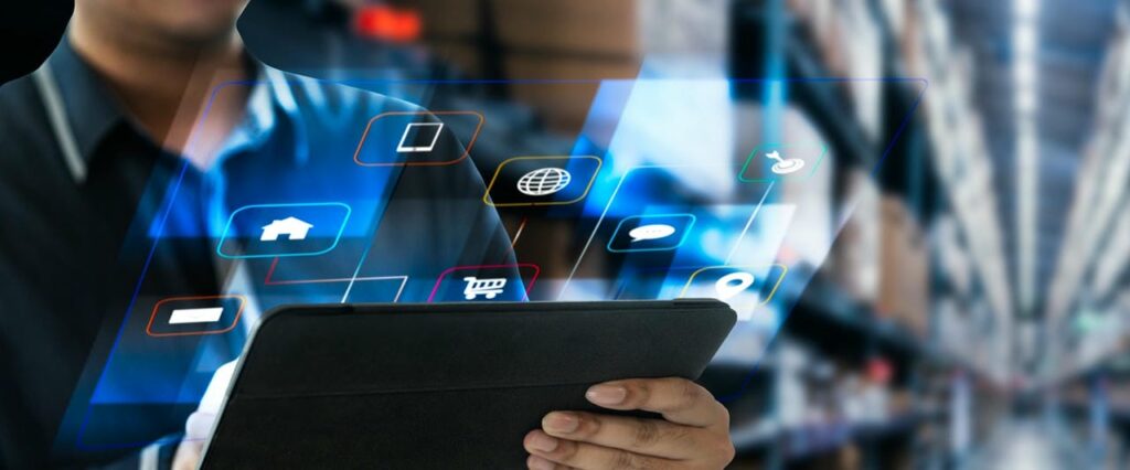 Employee using digital tools in a paperless office model to support twin transition and corporate ESG goals.